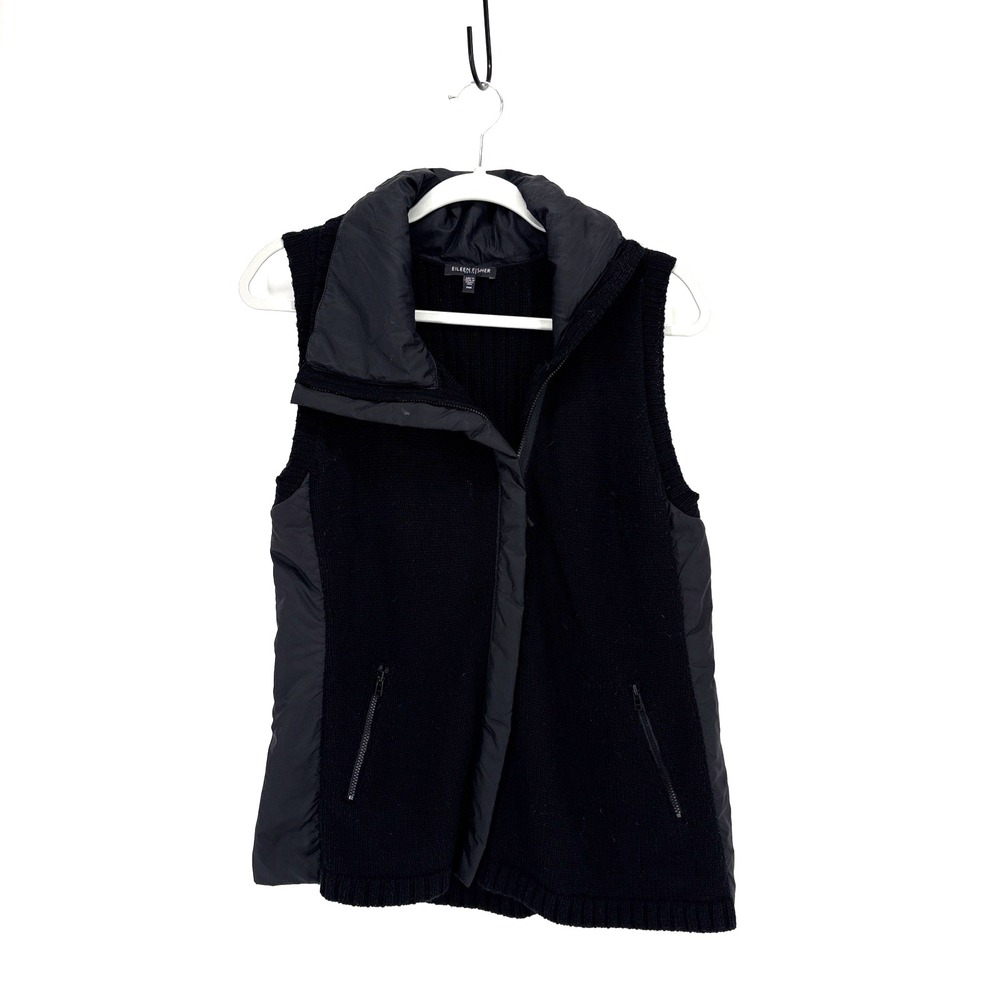 Eileen Fisher High Neck Asymmetrical Sweater Vest Petite Small Black